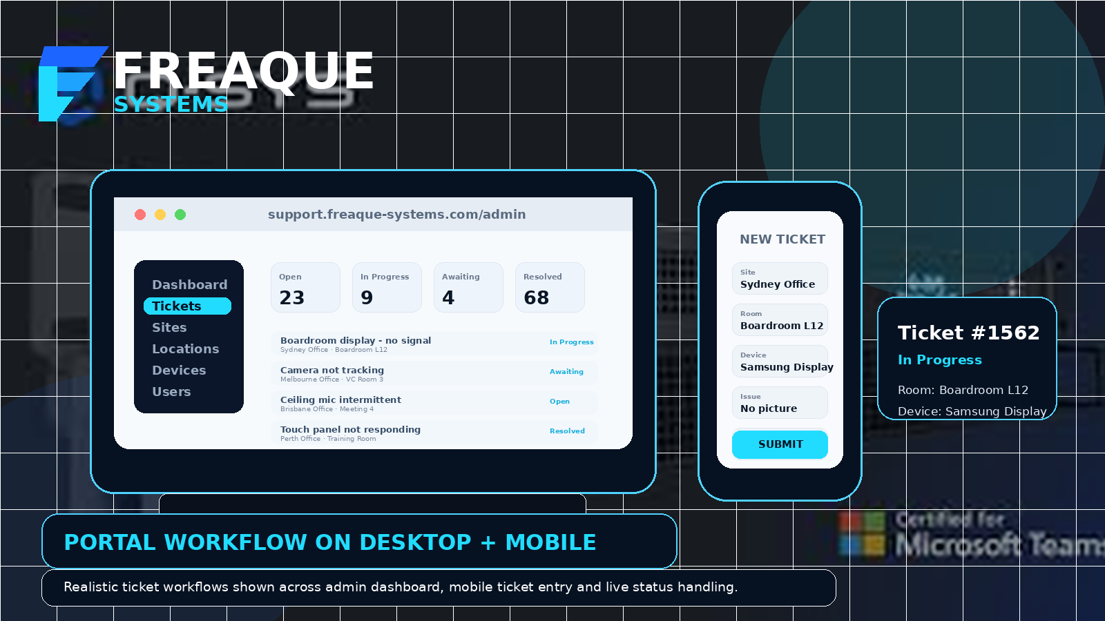 Desktop and mobile views of the Freaque Systems support portal workflow