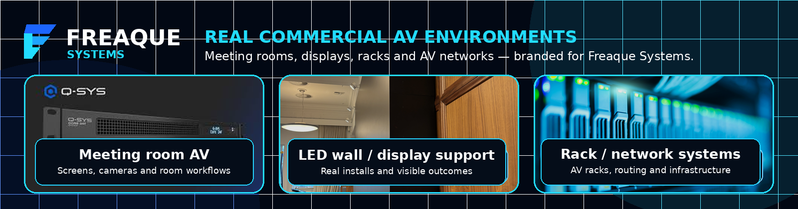 Real commercial AV environments including meeting rooms, LED displays and AV network racks branded for Freaque Systems