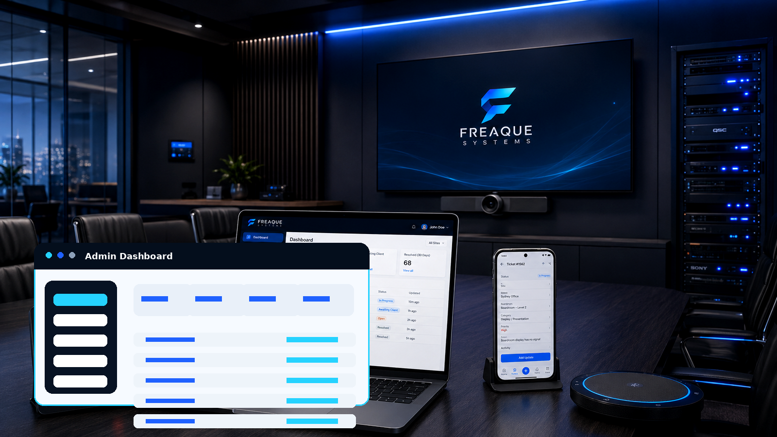 Freaque Systems support portal shown in a premium commercial AV boardroom environment
